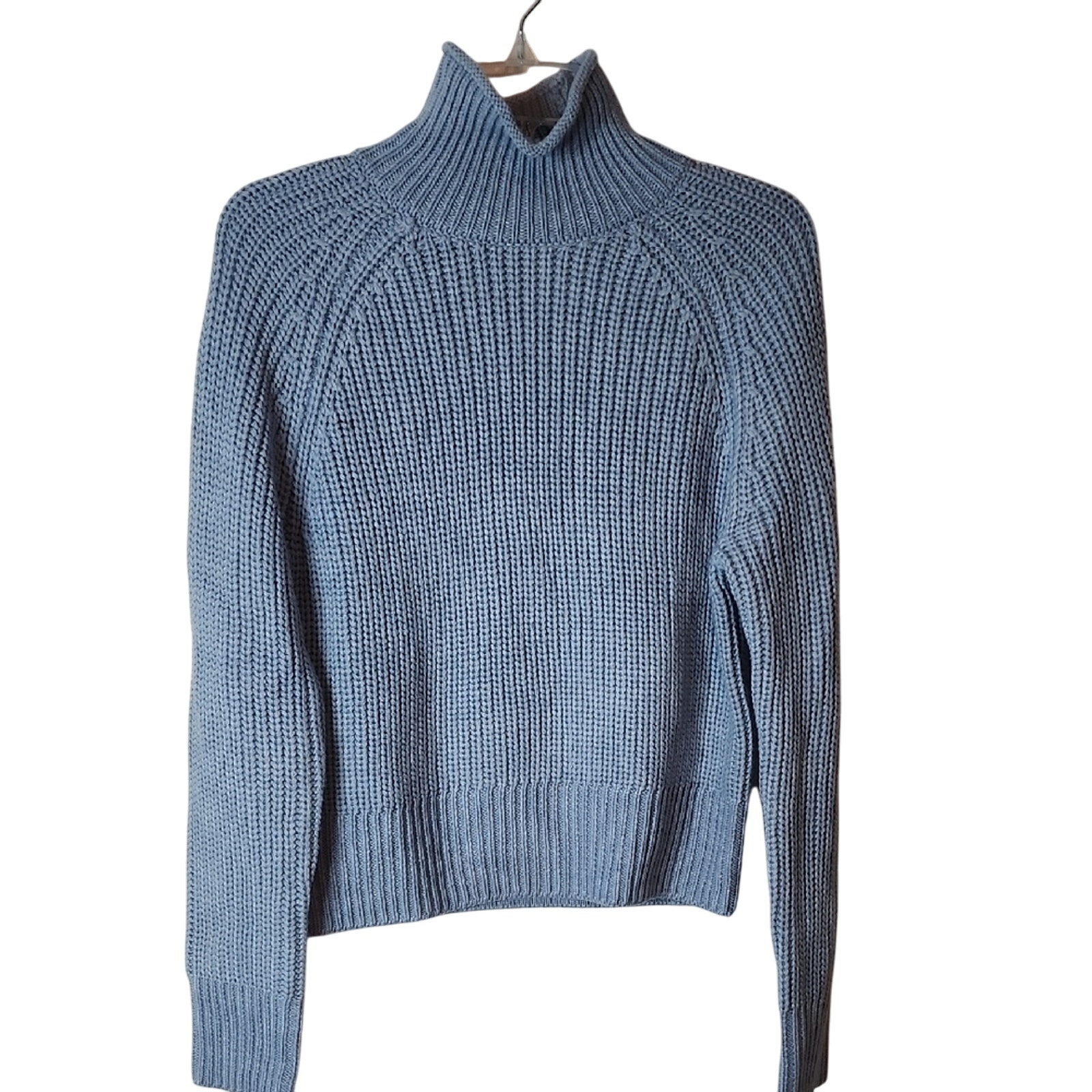 One Gray Day Light Blue Cowl Turtleneck Sweater With Ribbed Knit Cozy Texture
